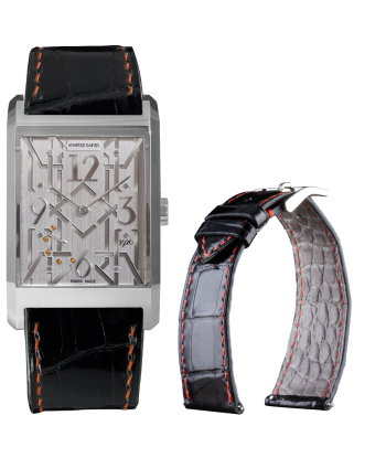 Bracelet montre cuir - Anatole Baker - Alligator brillant noir couture orange prix