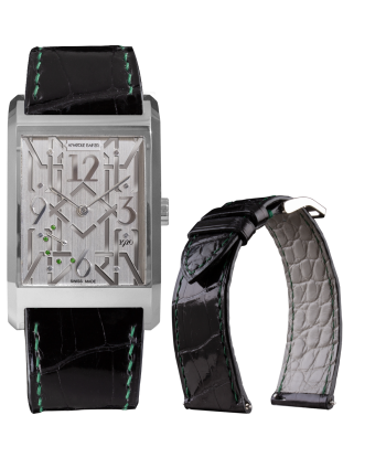 Bracelet montre cuir - Anatole Baker - Alligator brillant noir couture verte 2 - 3 jours ouvrés.