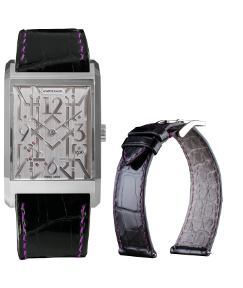 Bracelet montre cuir - Anatole Baker - Alligator brillant noir couture rose 2 - 3 jours ouvrés.