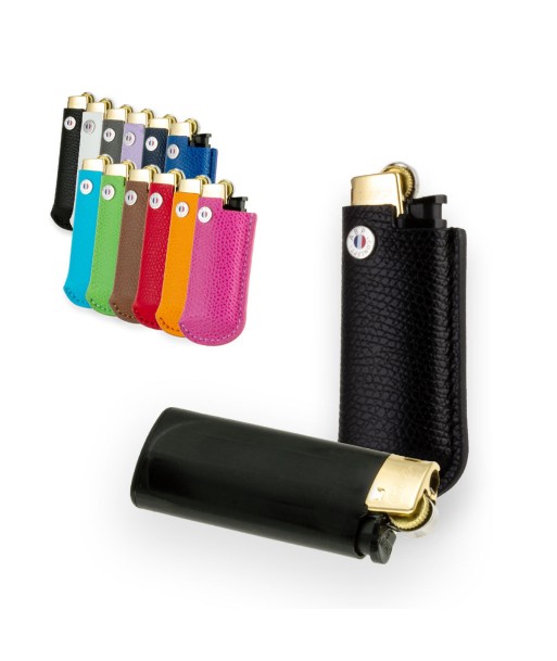 Briquet et son étui cuir "Essential" - Veau grainé (noir, bleu, vert, marron, orange...) Toutes les collections ici