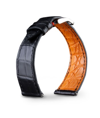 Leather watch band - Anatole Baker - Black alligator with Orange lining offre 