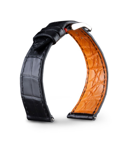 Leather watch band - Anatole Baker - Black alligator with Orange lining offre 