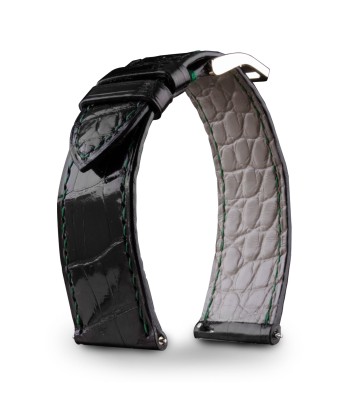 Leather watch band - Anatole Baker - Glossy black alligator with green stiching l'évolution des habitudes 