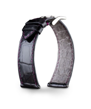 Leather watch band - Anatole Baker - Glossy black alligator with pink stiching sur le site 