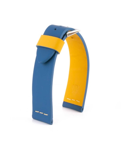 "Summer Touch" leather watch band - Blue / yellow contrasted rubberized calf pas cheres