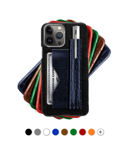 Leather iPhone "Business case" / cover with credit card pocket and ball pen - iPhone 15, 14 & 13 Pro Max - Genuine alligator livraison gratuite