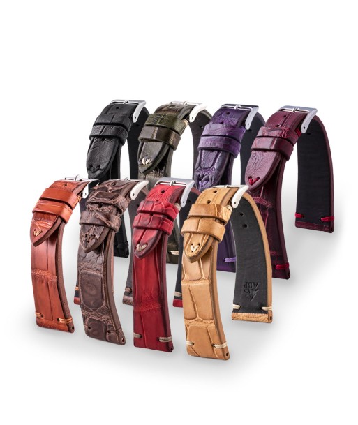 Bracelet Vintage - Bracelet-montre cuir - Alligator (noir, marron, kaki, bordeaux, rouge, violet) prix pour 