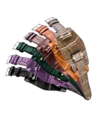 Bracelet bund vintage - Bracelet-montre cuir - Alligator (noir, marron, vert, kaki, violet) solde