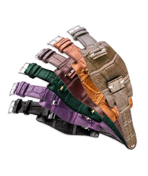 Bracelet bund vintage - Bracelet-montre cuir - Alligator (noir, marron, vert, kaki, violet) solde