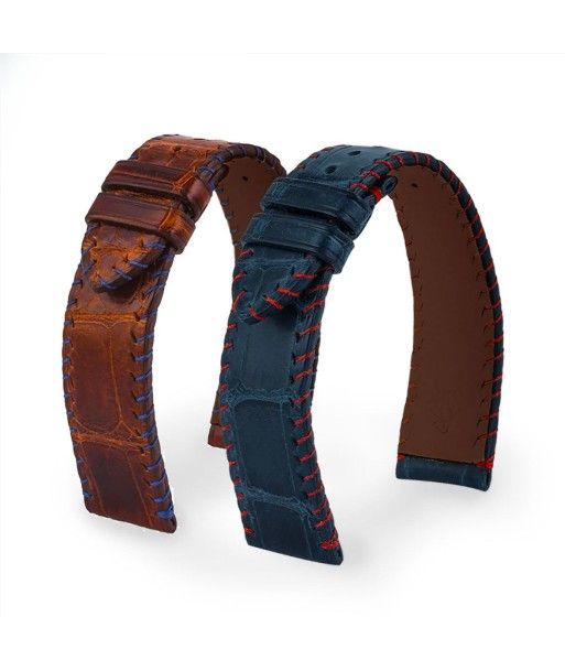 Bracelet montre cuir - Yachting couture semi tribale - Alligator (marron / bleu, bleu / marron) Le MVP de beaucoup