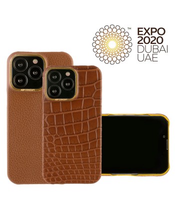 Hommage à l'Expo 2020 Dubai - Coque cuir pour iPhone 13 et 12 ( Pro / Max ) - Alligator et buffle marron en linge