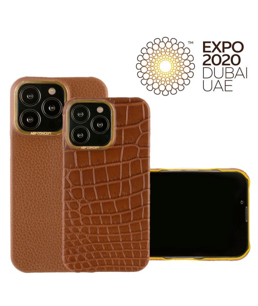 Hommage à l'Expo 2020 Dubai - Coque cuir pour iPhone 13 et 12 ( Pro / Max ) - Alligator et buffle marron en linge