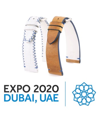 Hommage à l'Expo 2020 Dubai - Bracelet de montre cuir - Alligator et chameau (blanc / marron / bleu) rembourrage situé sous